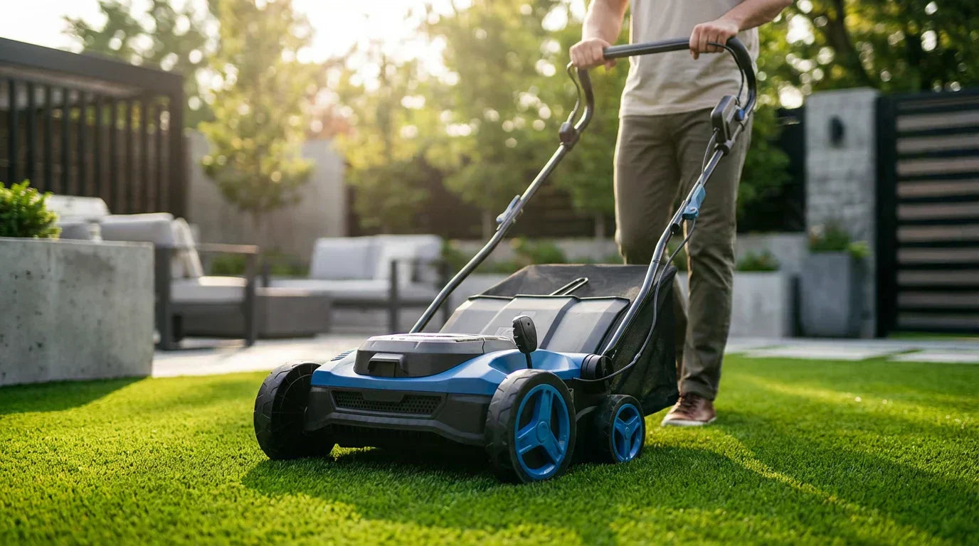 Artificial turf sweeper restoring flattened grass and clearing debris