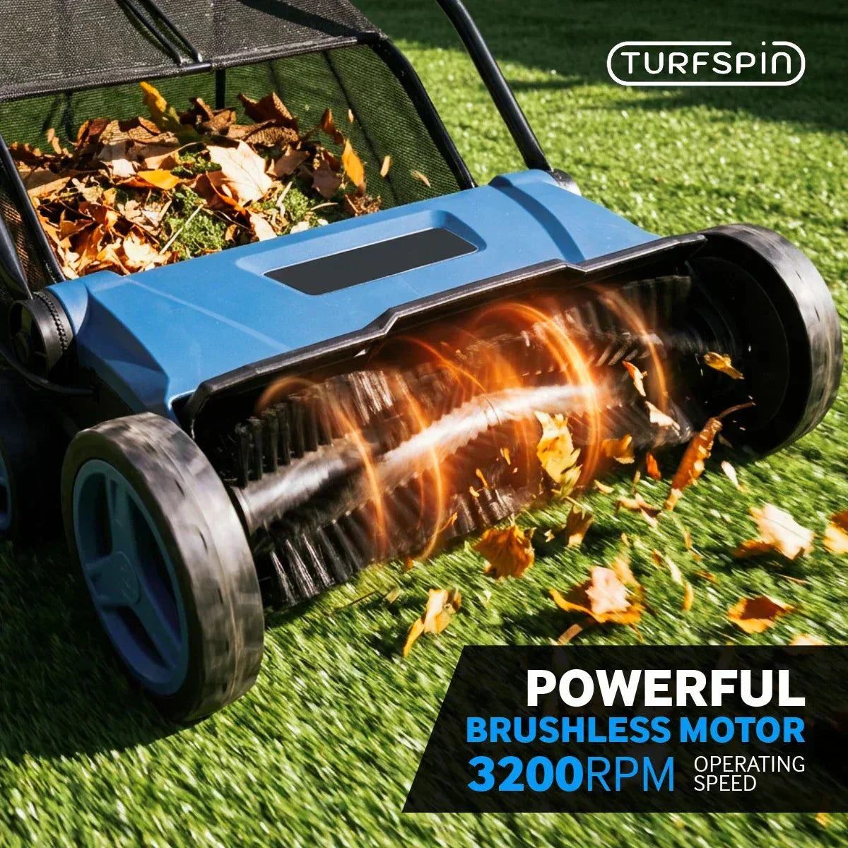 TURFSPIN™ Cordless Artificial Turf Sweeper cleaning synthetic grass with cordless brush system