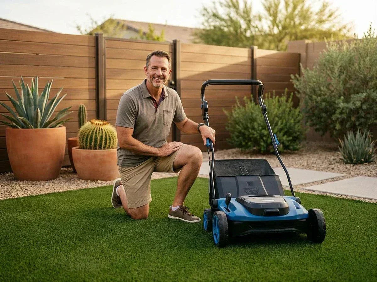 TURFSPIN™ Cordless Artificial Turf Sweeper restoring synthetic grass with cordless design and efficient brush system