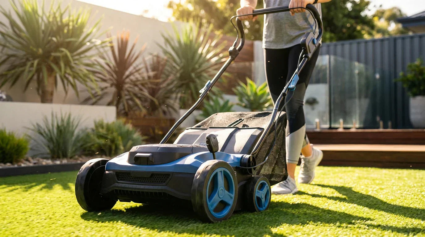 TURFSPIN™ Cordless Artificial Turf Sweeper in use on synthetic grass with user pushing it outdoors