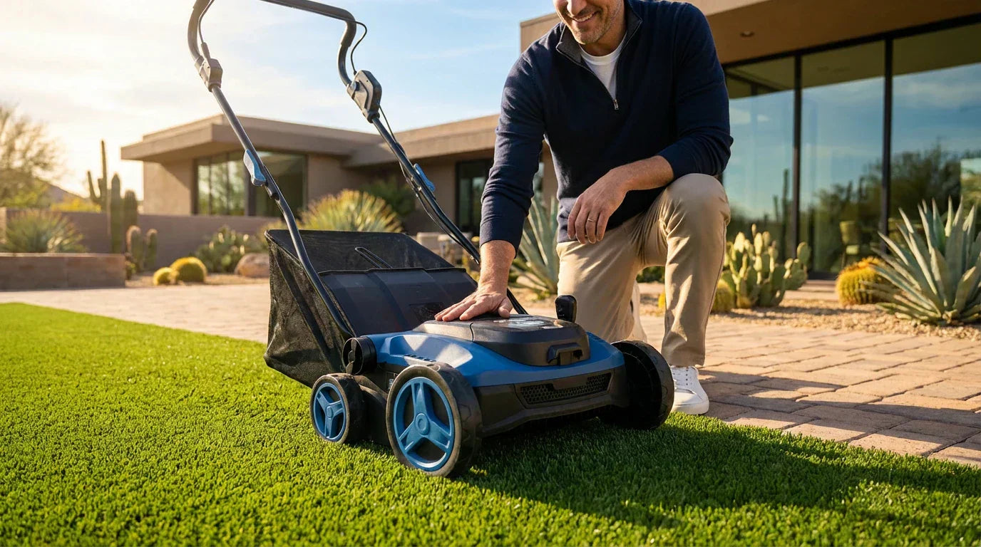 Man using TURFSPIN™ Cordless Artificial Turf Sweeper on synthetic grass outdoors