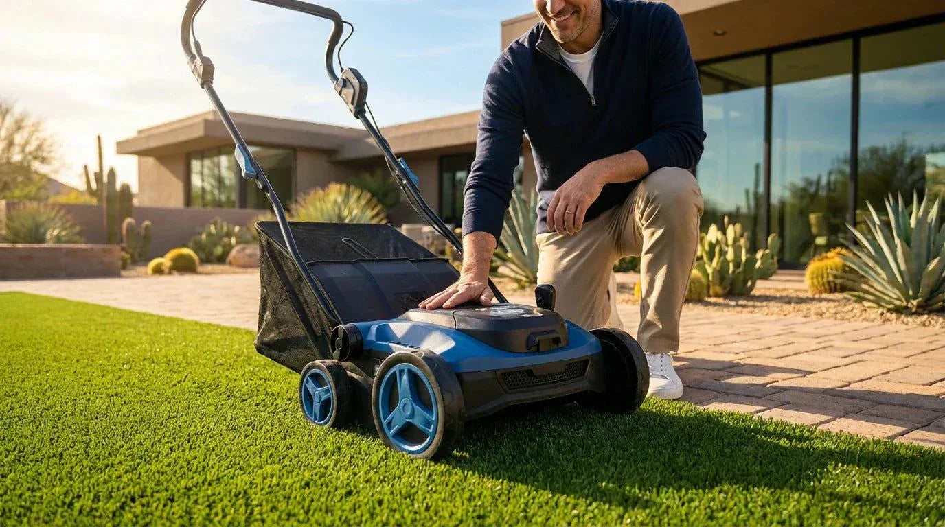 TURFSPIN™ Cordless Artificial Turf Sweeper cleaning synthetic grass with cordless design and efficient brush system