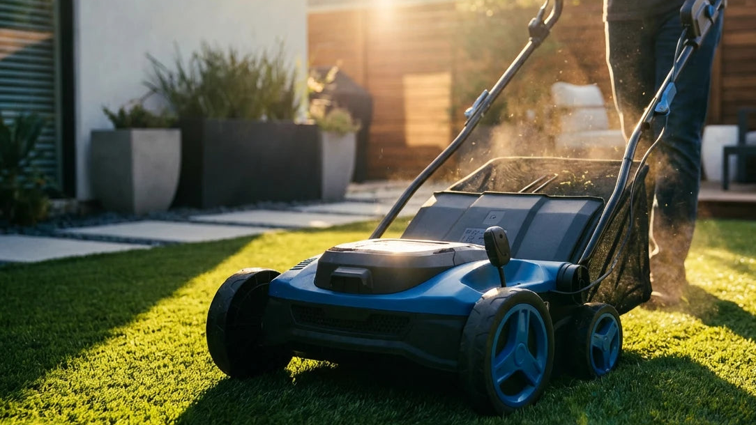 Person using a the turfspin turf sweeper on a artificial turf area with a house in the background.