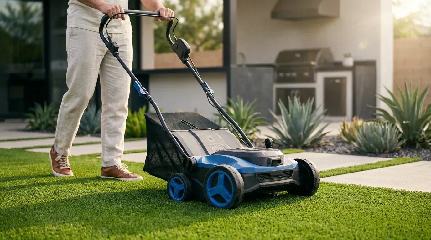 TURFSPIN™ cordless artificial turf sweeper removing debris from synthetic grass in a backyard setting