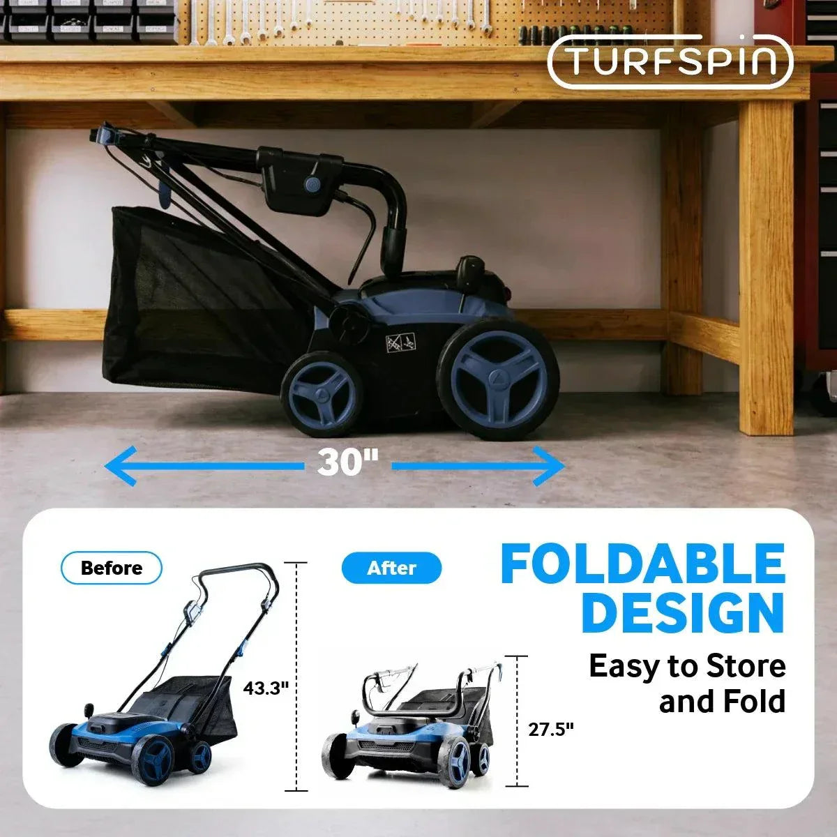 TURFSPIN™ Cordless Artificial Turf Sweeper lifting debris from synthetic grass with cordless design and engineered brush system